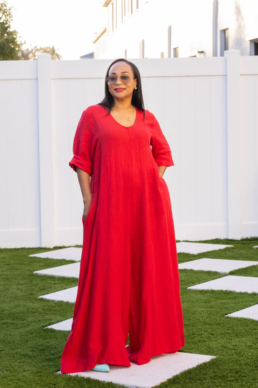 Red jumpsuit linen