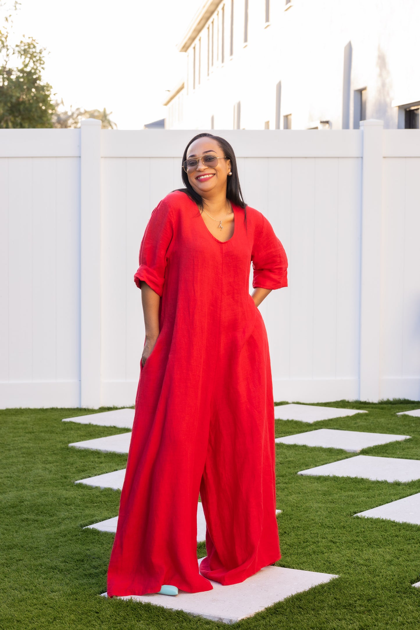 Red jumpsuit linen