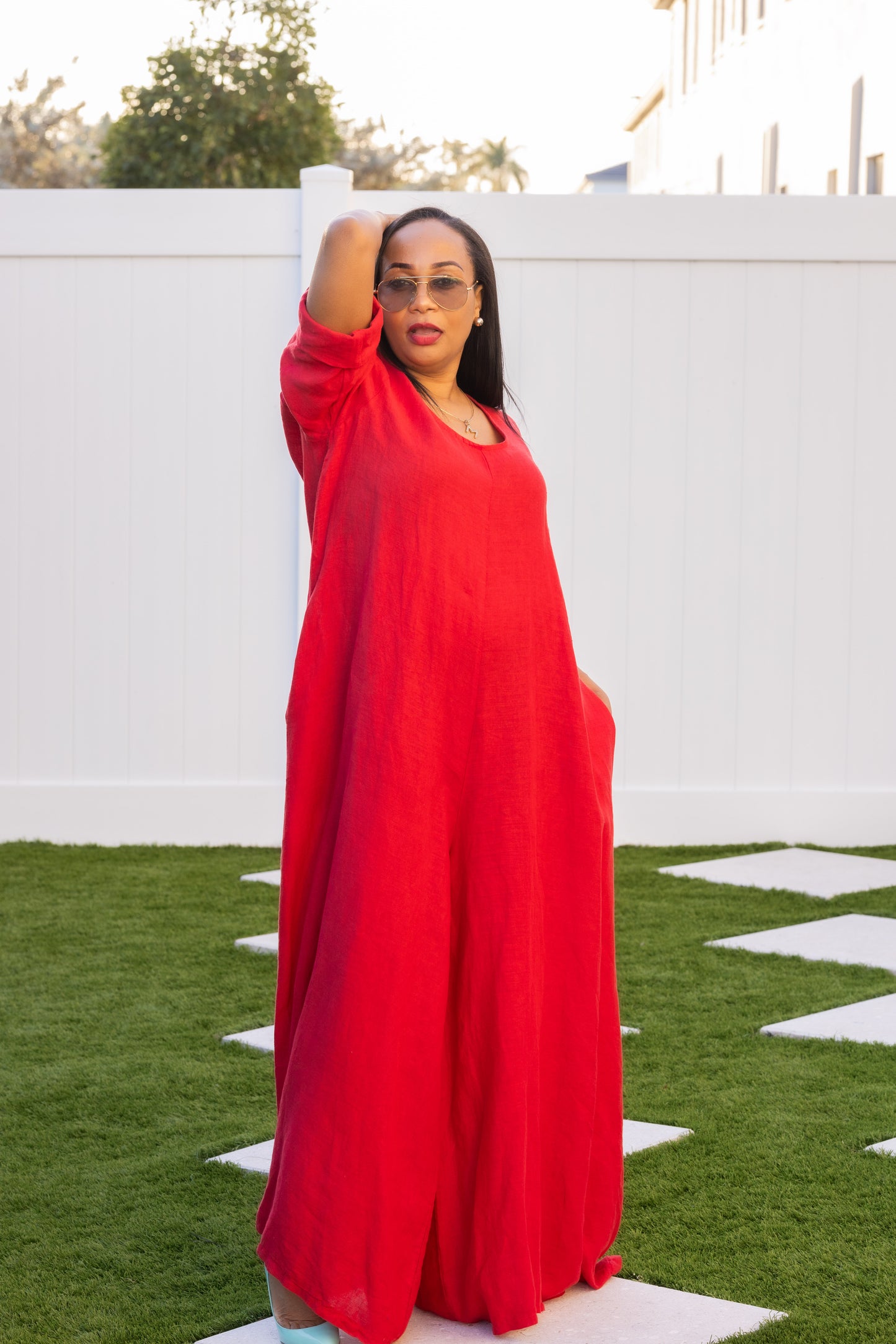 Red jumpsuit linen