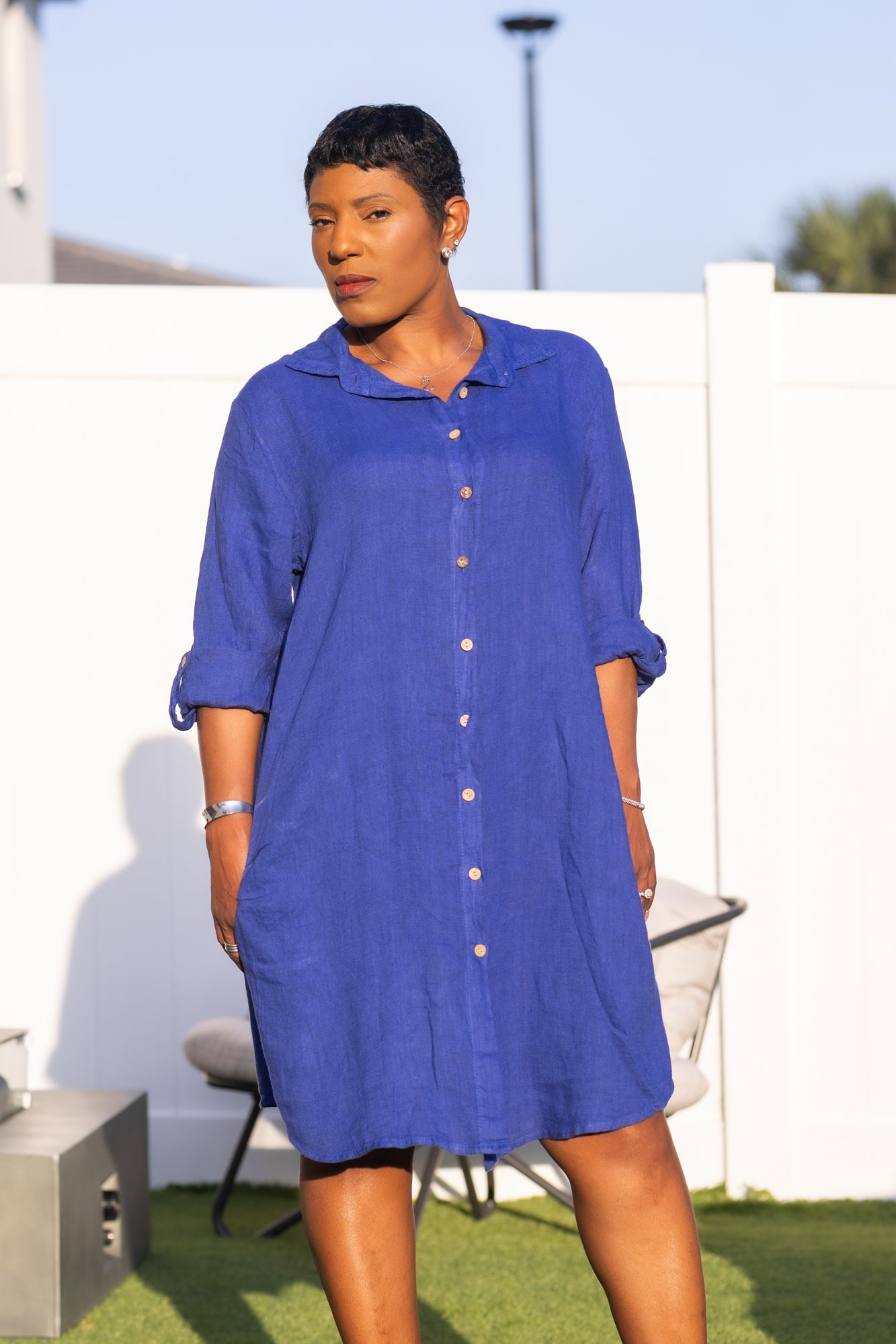 Blue linen semi-long dress