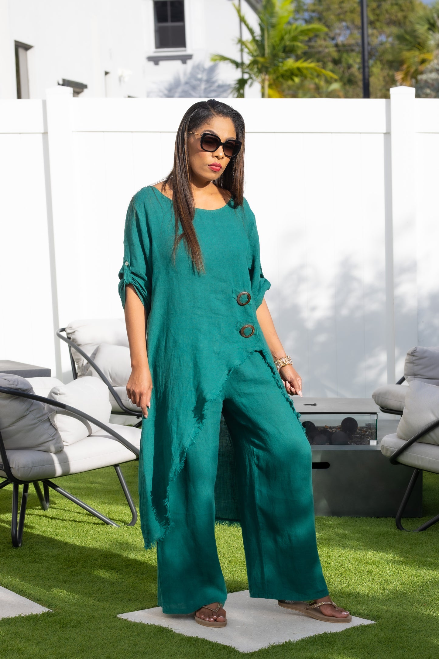 Green Linen Long Set